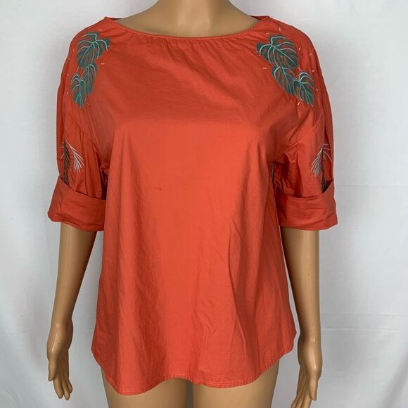Marfinno Embroidered Floral Leaf Blouse Boho Small Orange Tangerine - Picture 1 of 8